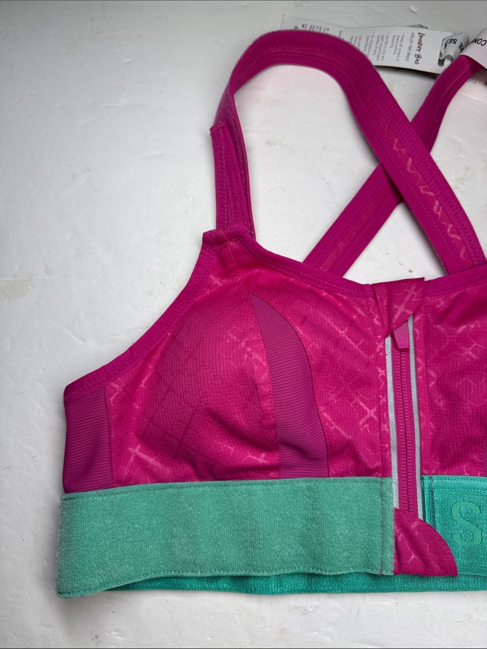 SHEFIT Bright Pink Sports Bra Teal Band S zip front new workout comfort support - Picture 7 of 9